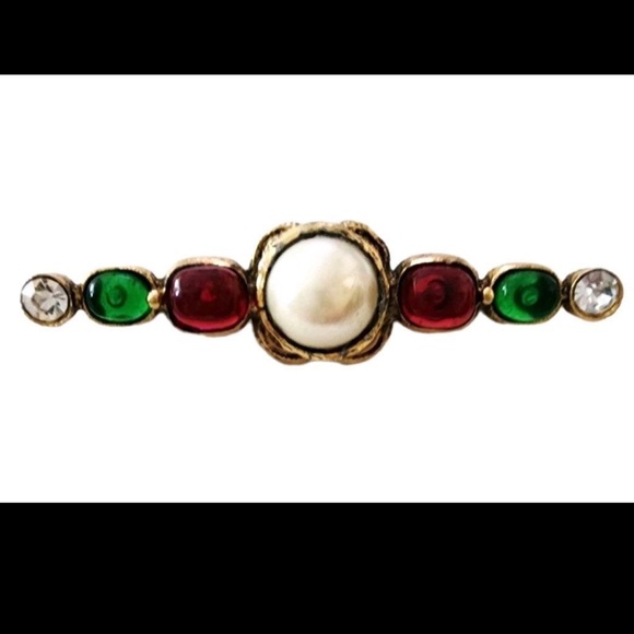 CHANEL VINTAGE 1985 GOLD PLATED FAUX PEARL TRICOLOR GRIPOIX BROOCH - Picture 1 of 1